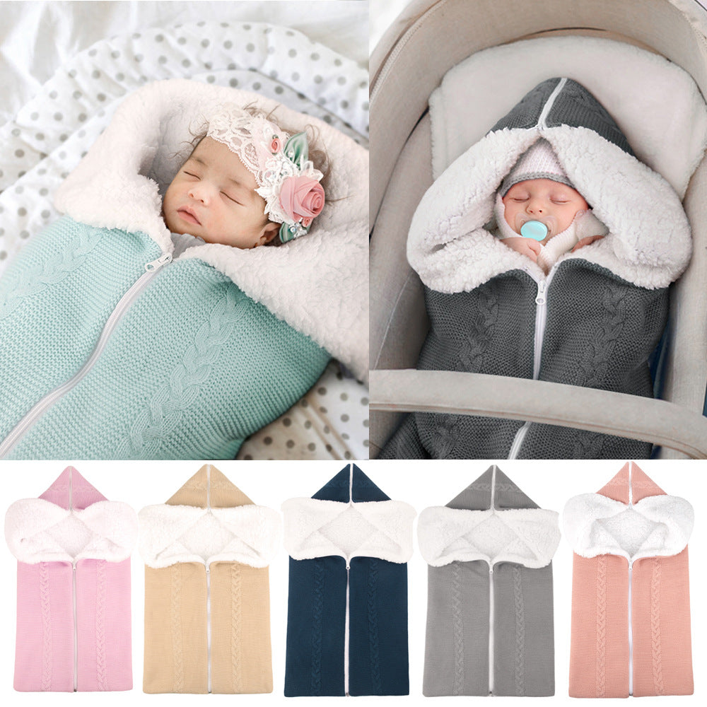 2-in-1 Knitted Baby Sleeping Bag Swaddle (Wool Knit + Velvet Lining, Zipper)