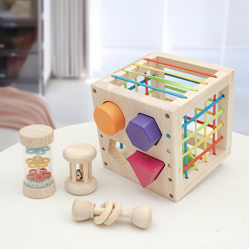 Montessori wooden shape sorter cube, detail view