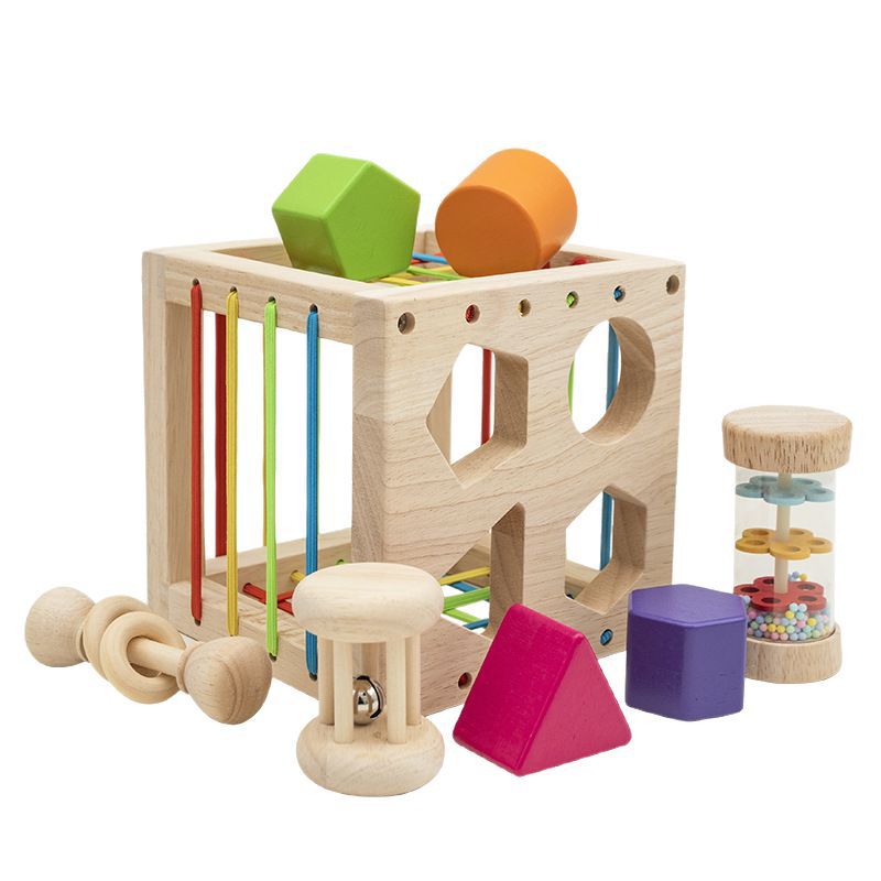 Montessori wooden shape sorter cube, shapes detail