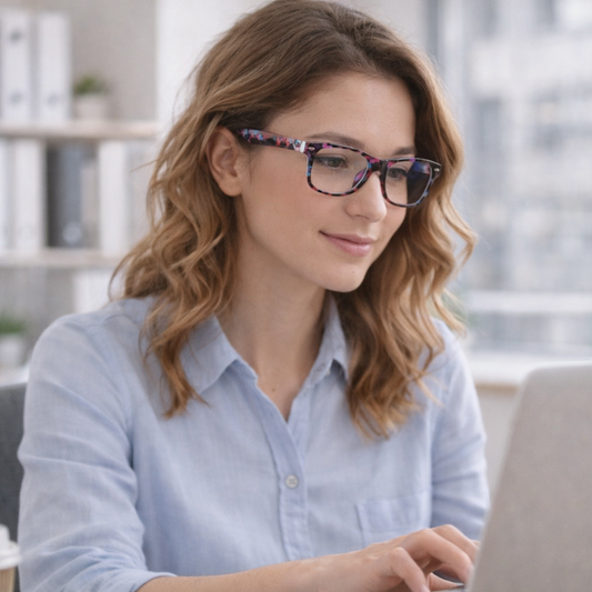 Woman wearing glasses and a blue shirt sitting at a desk with a laptop.