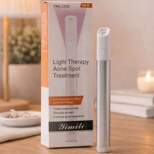 Yimili light therapy acne spot treatment device and packaging on a wooden surface.