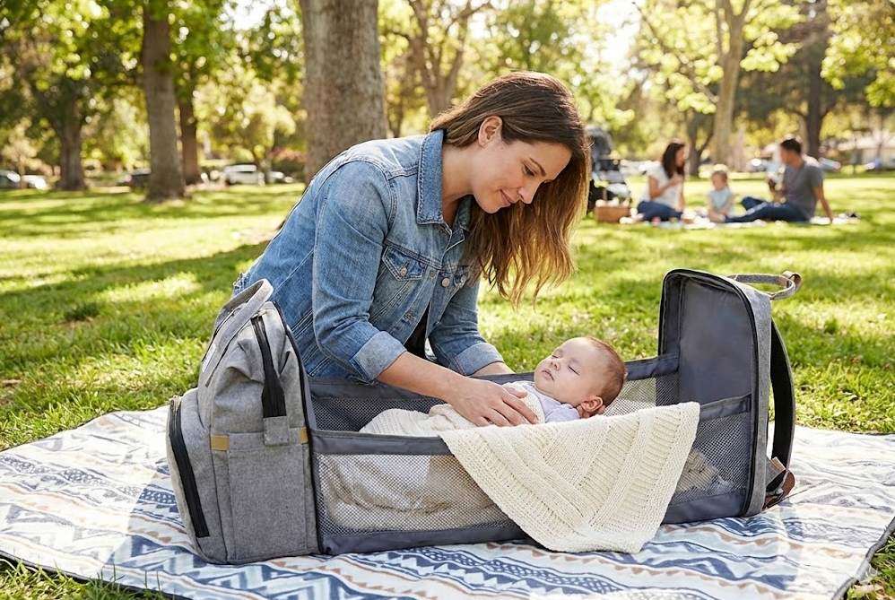 Foldable Diaper Backpack with Portable Baby Bed