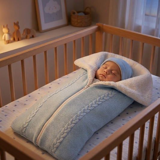 2-in-1 Knitted Baby Sleeping Bag Swaddle (Wool Knit + Velvet Lining, Zipper)